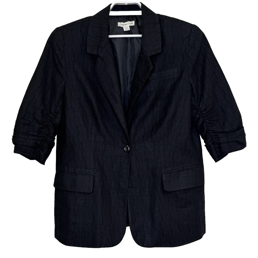 Coldwater Creek Blazer Jacket Sz Large 14-16 Black Cotton Linen Blend 3/4 Sleeve
